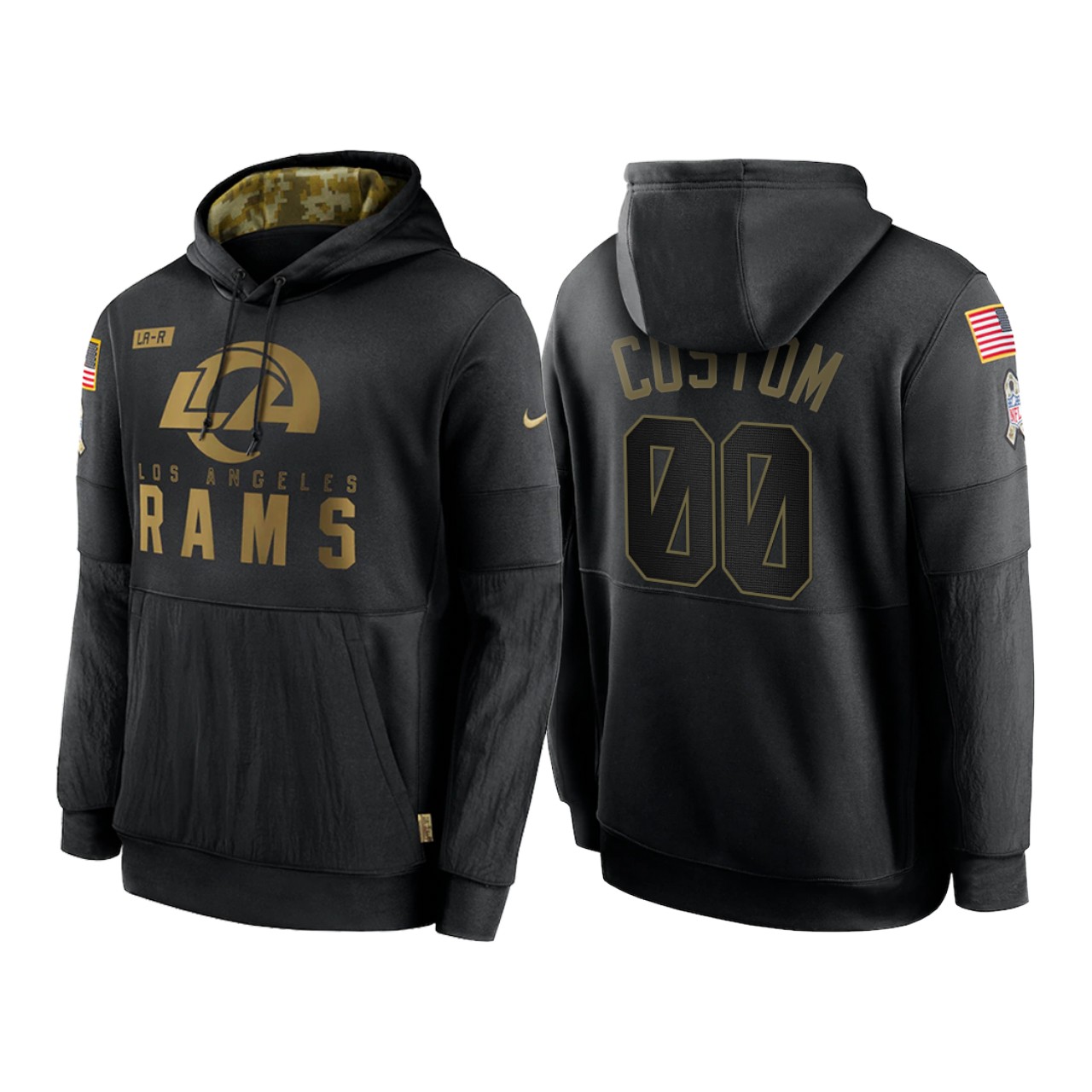 Men's Los Angeles Rams Customized 2020 Black Salute To Service Sideline Performance Pullover Hoodie